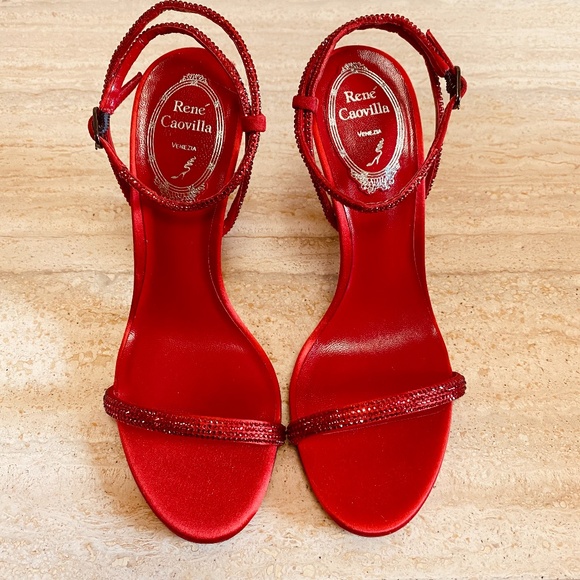 Rene Caovilla Red Satin Heels with Crystal Straps NWT - Picture 4 of 12